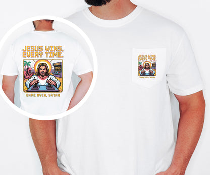 Jesus Wins Every Time Shirt Comfort Colors Pocket Tee Game Over Satan Christian Shirt Retro Jesus Tee Christian Faith Graphic Tee
