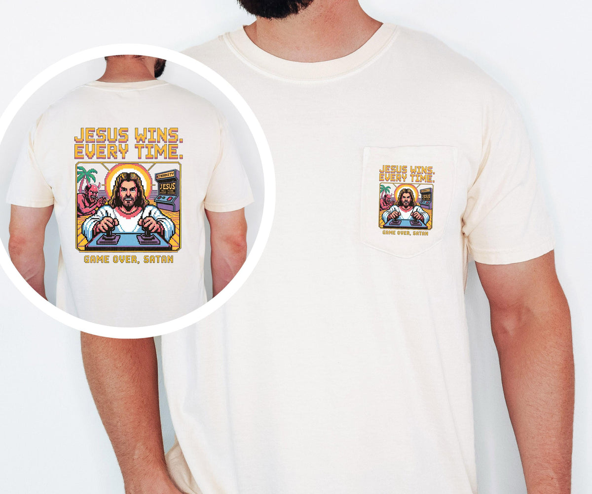 Jesus Wins Every Time Shirt Comfort Colors Pocket Tee Game Over Satan Christian Shirt Retro Jesus Tee Christian Faith Graphic Tee