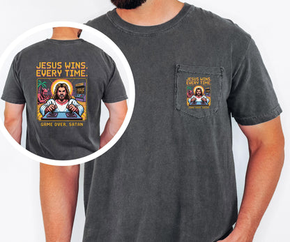 Jesus Wins Every Time Shirt Comfort Colors Pocket Tee Game Over Satan Christian Shirt Retro Jesus Tee Christian Faith Graphic Tee