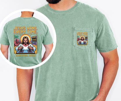Jesus Wins Every Time Shirt Comfort Colors Pocket Tee Game Over Satan Christian Shirt Retro Jesus Tee Christian Faith Graphic Tee