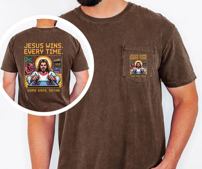 Jesus Wins Every Time Shirt Comfort Colors Pocket Tee Game Over Satan Christian Shirt Retro Jesus Tee Christian Faith Graphic Tee