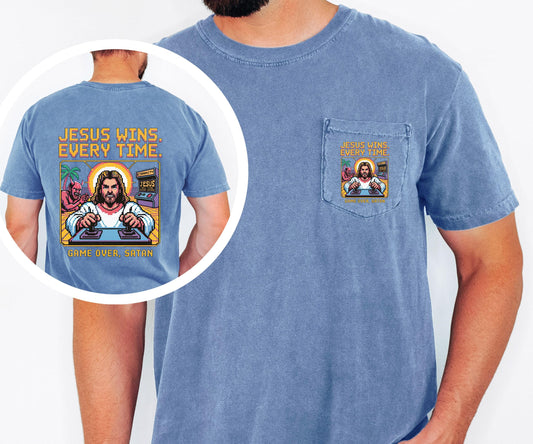 Jesus Wins Every Time Shirt Comfort Colors Pocket Tee Game Over Satan Christian Shirt Retro Jesus Tee Christian Faith Graphic Tee