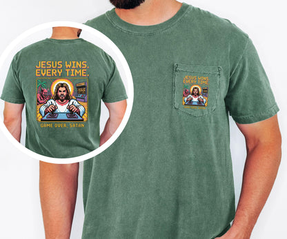 Jesus Wins Every Time Shirt Comfort Colors Pocket Tee Game Over Satan Christian Shirt Retro Jesus Tee Christian Faith Graphic Tee