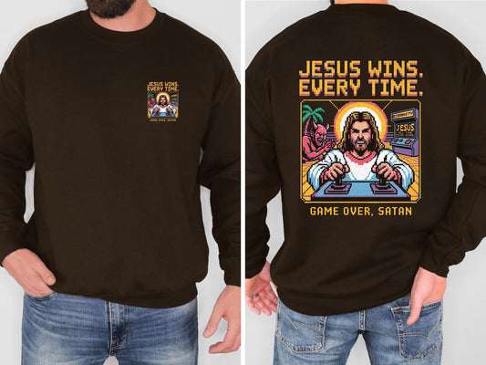 Jesus Wins Every Time Crewneck Game Over Satan Sweatshirt Christian Shirt Retro Jesus Graphic Faith Crewneck Christian Gift