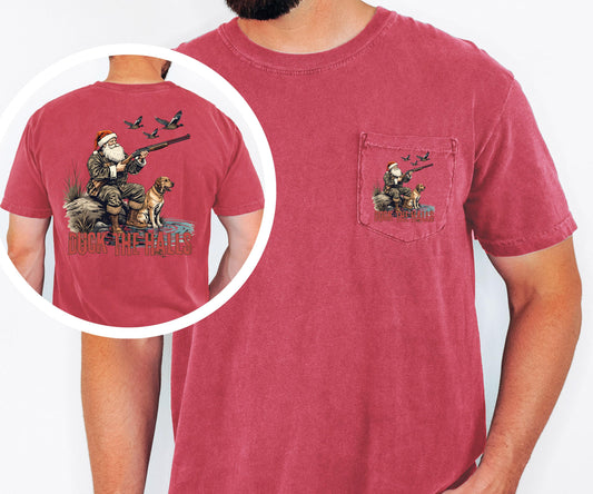Duck the Halls Christmas Shirt Comfort Colors Pocket Tee Santa Hunting Shirt Duck Hunter Christmas Tee Funny Outdoors Holiday Shirt