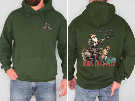 Duck the Halls Christmas Hoodie Santa Hunting Sweatshirt Duck Hunter Christmas Shirt Funny Outdoors Holiday Hoodie Hunting Gift