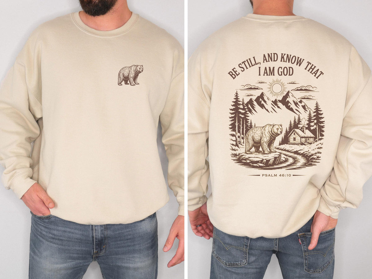 Be Still and Know Christian Bear Sweatshirt Psalm 46:10 Bible Verse Crewneck Mountain Faith Shirt Outdoor Christian Sweatshirt