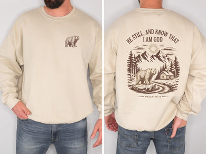 Be Still and Know Christian Bear Sweatshirt Psalm 46:10 Bible Verse Crewneck Mountain Faith Shirt Outdoor Christian Sweatshirt