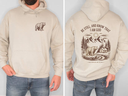 Be Still and Know Christian Bear Hoodie Psalm 46:10 Bible Verse Sweatshirt Mountain Faith Shirt Outdoor Christian Hoodie
