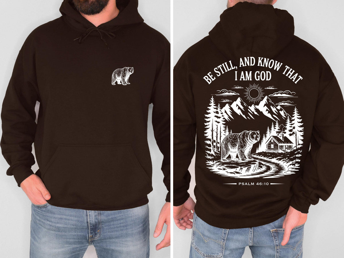 Be Still and Know Christian Bear Hoodie Psalm 46:10 Bible Verse Sweatshirt Mountain Faith Shirt Outdoor Christian Hoodie