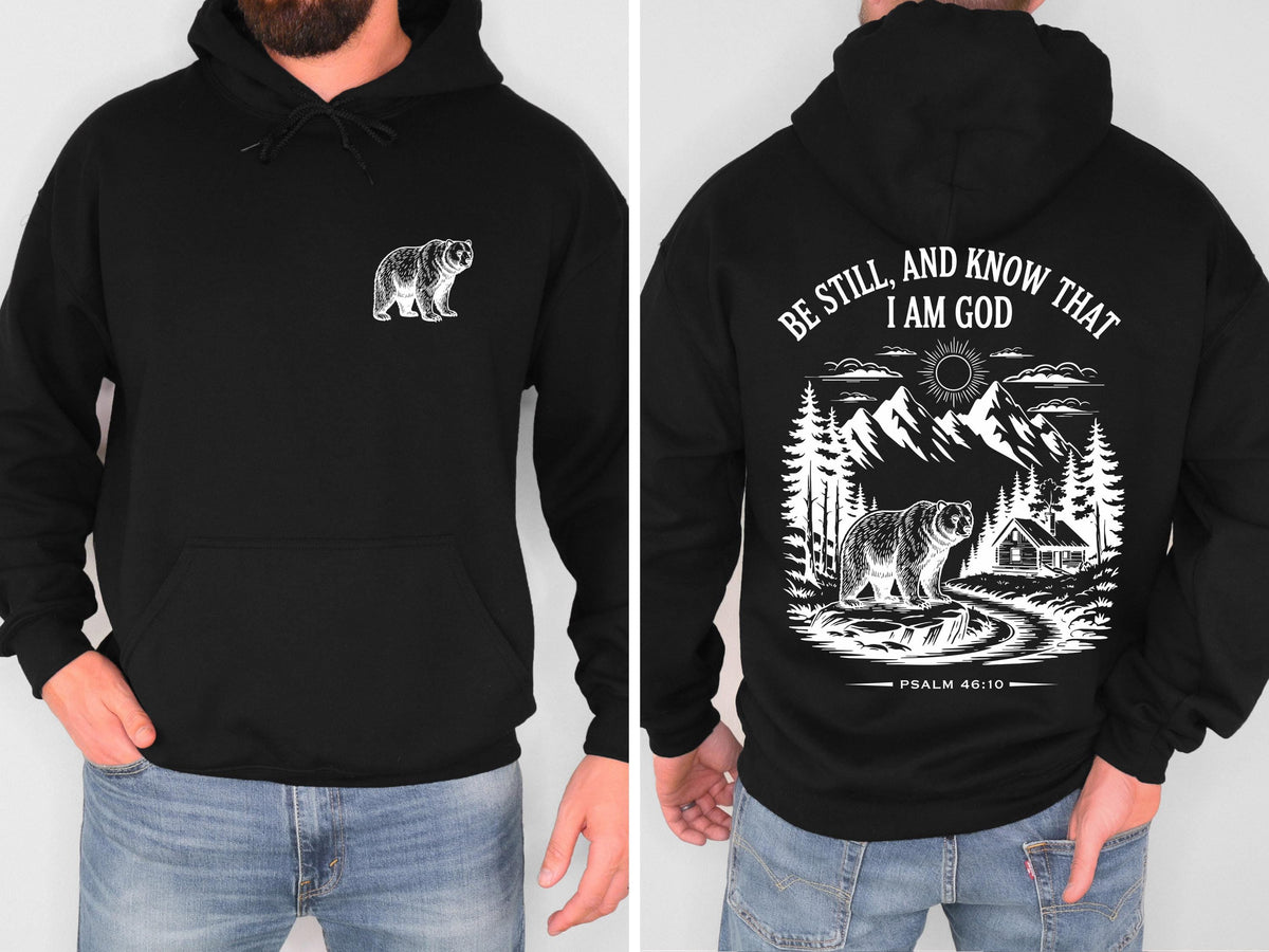 Be Still and Know Christian Bear Hoodie Psalm 46:10 Bible Verse Sweatshirt Mountain Faith Shirt Outdoor Christian Hoodie