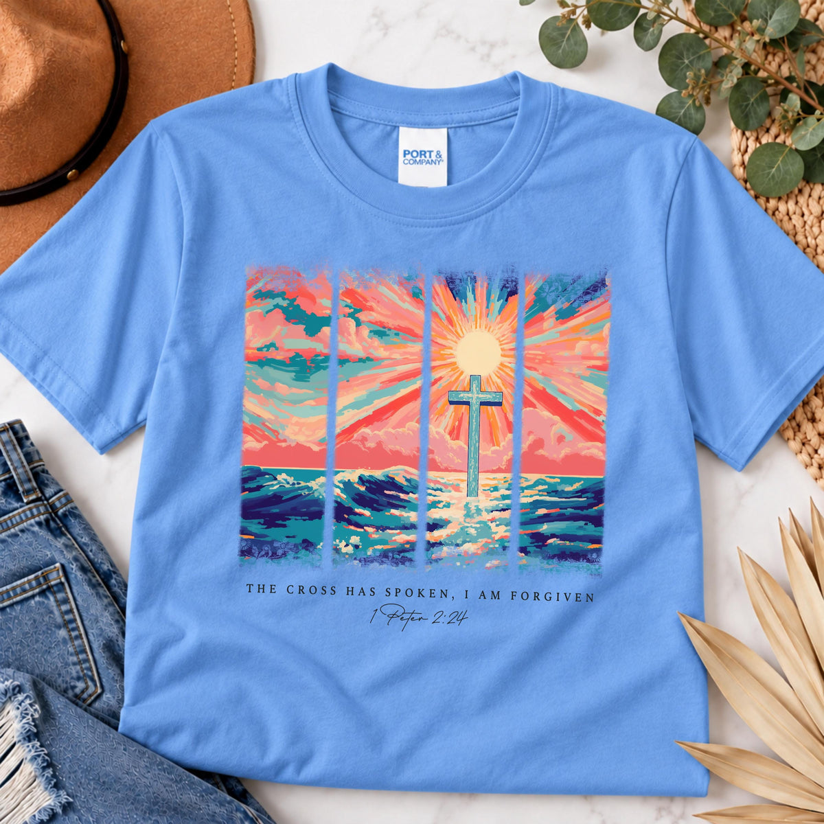 The Cross Has Spoken Christian Shirt, I Am Forgiven 1 Peter 2:24 T-Shirt, Colorful Ocean Cross Sweatshirt, Faith Hoodie