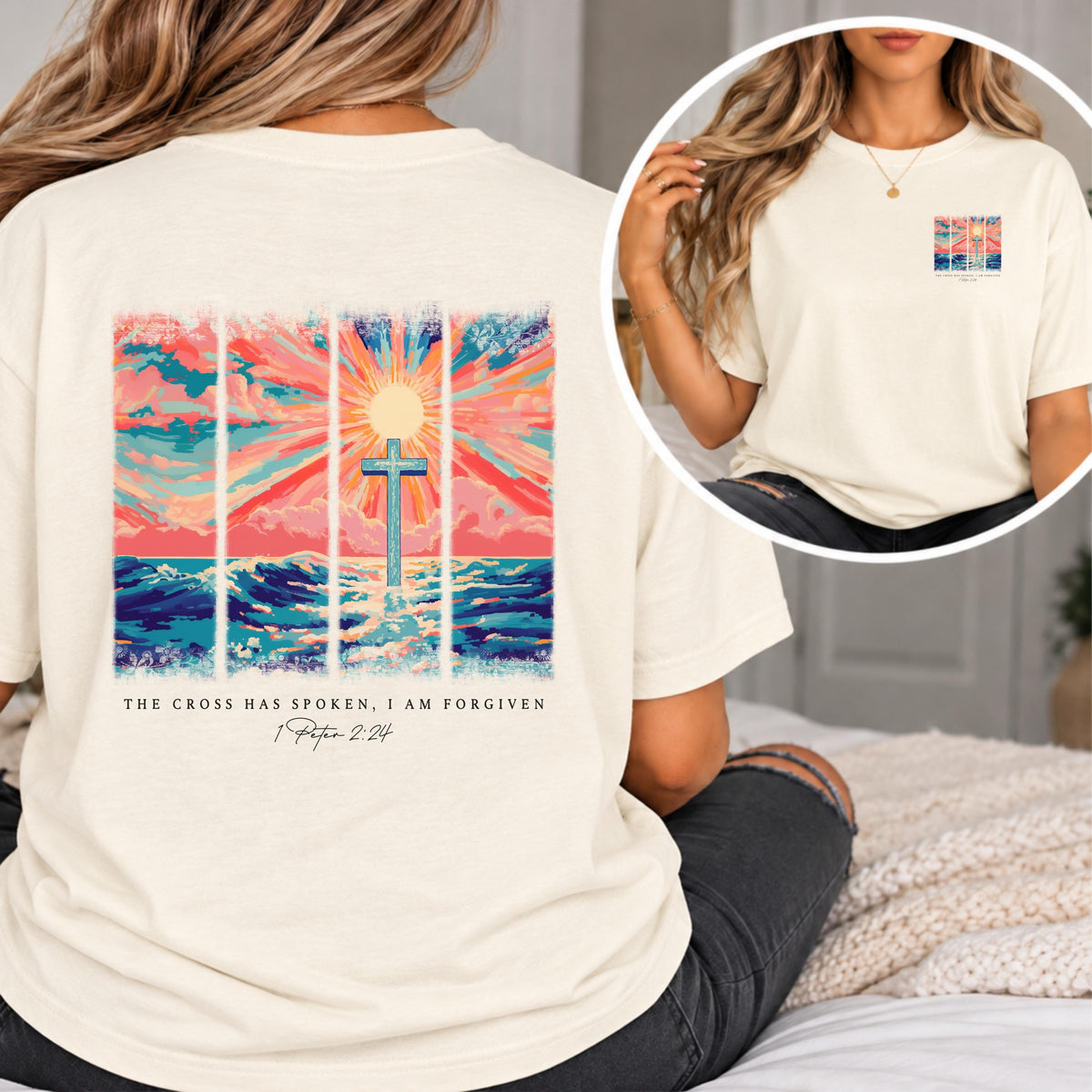 The Cross Has Spoken Christian Shirt, I Am Forgiven 1 Peter 2:24 T-Shirt, Colorful Ocean Cross Sweatshirt, Faith Hoodie